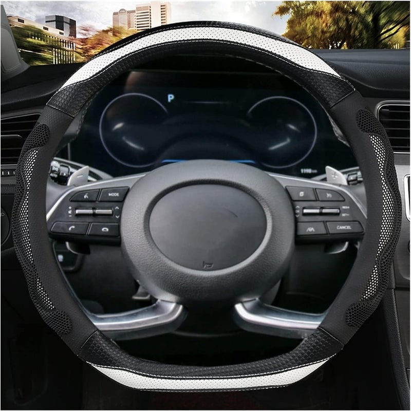 2FY2SW D Cut Steering Wheel Cover - D Shaped Flat Bottom Microfiber Leather Anti-Skid Breathable Fit 14.5"-15" (Black White) - Image 1